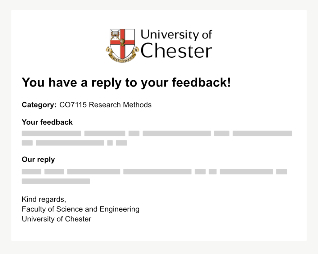 Example notification email for a response to student feedback
